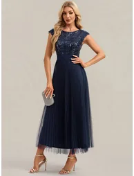 Cap-Sleeve Sequin Round-Neck A-Line Tea-Length Wedding Guest Dress - 4