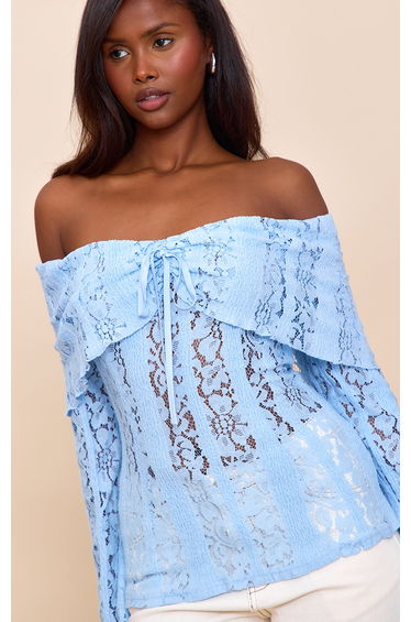 Sky Blue Fitted Lace Flared Sleeve Bardot Top product thumbnail 4