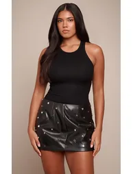 Shape Black Faux Leather Metal Studded Mini Skirt - 1