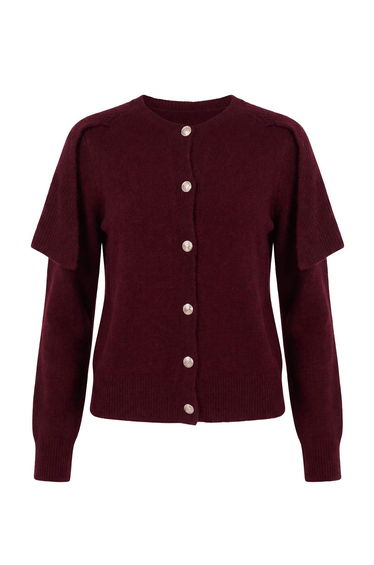 Burgundy Premium Yarn/Special Yarn Knitwear Cape Detailed Cardigan product thumbnail 4