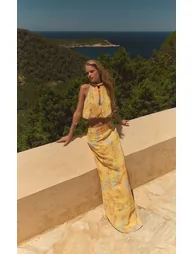 Pale Yellow Chiffon Printed Tie Dye Maxi Skirt Co-ord