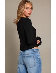 Black Roll Hem Crew Neck Long Sleeve Knit Top - 2