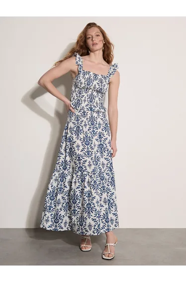 Folk Ikat Print Cotton Tiered Maxi Skirt