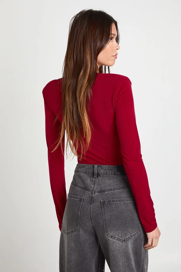 Slinky Plunge Front Long Sleeve Shoulder Pad Bodysuit - wine - 2