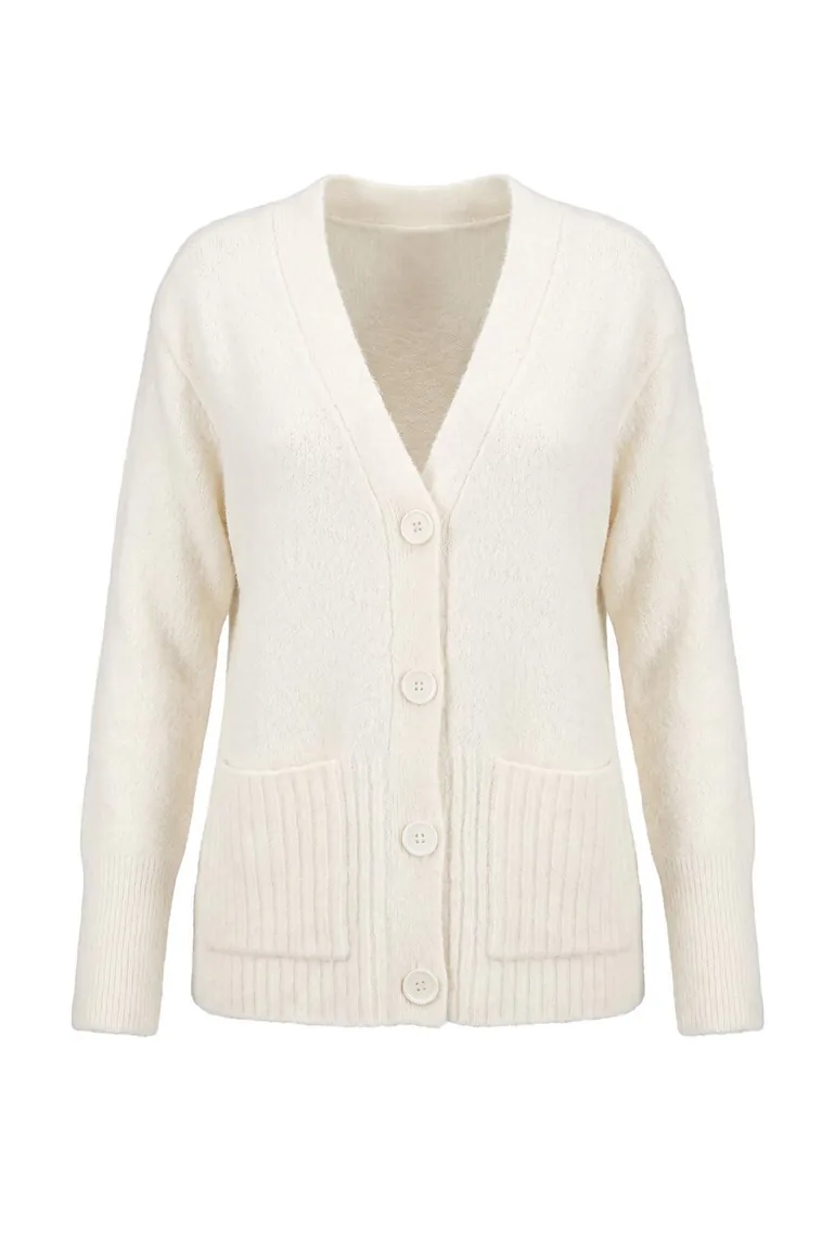 Wardrobe Essentials Ecru Soft Textured Basic Wide Fit Special Quality Knitwear Cardigan - 5