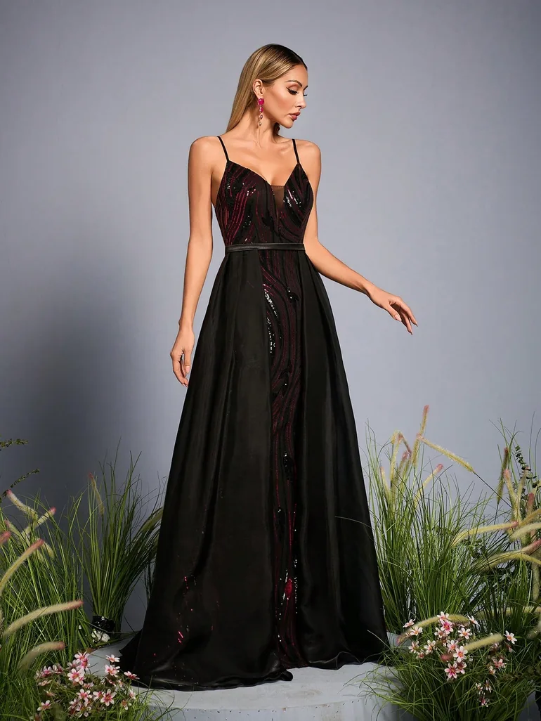 Leely Elegant Spaghetti Straps Sleeveless Sequin Evening Gown - 3