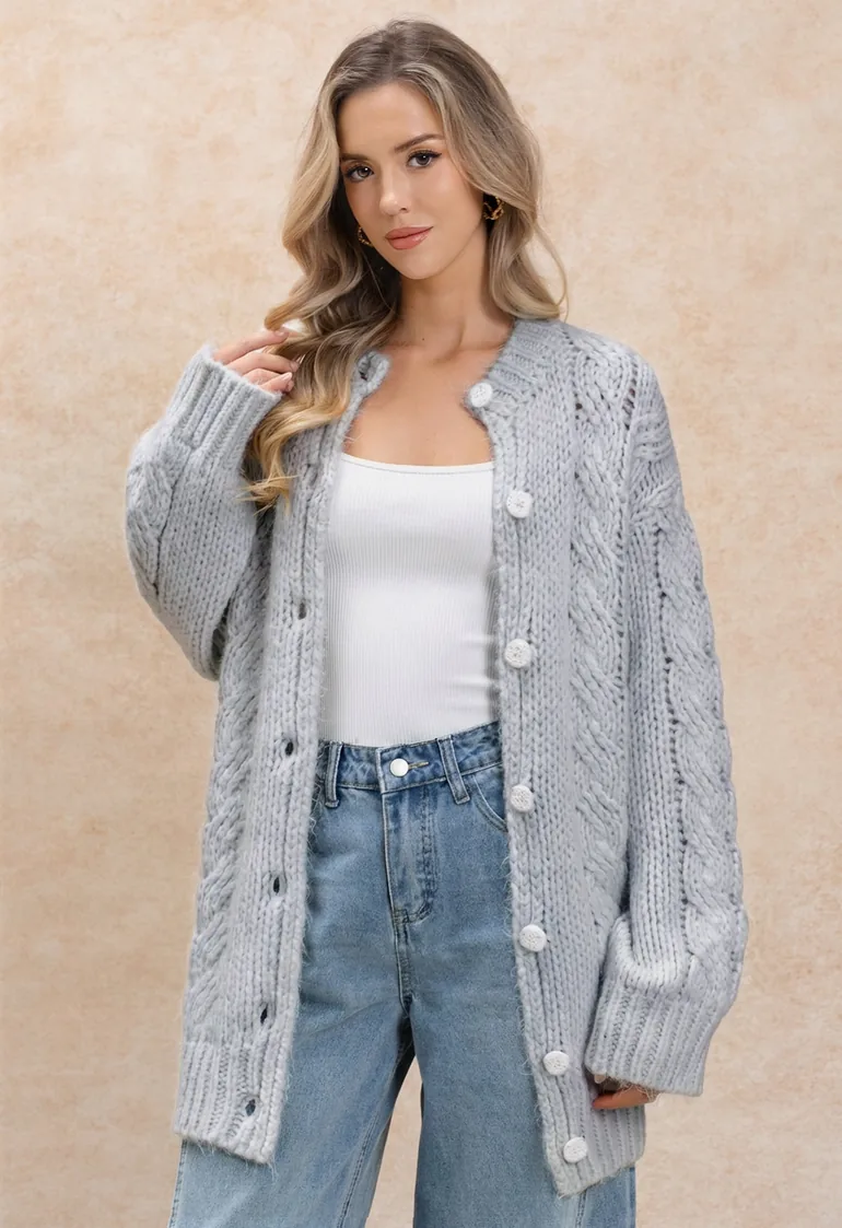 Soft-Toned Buttoned Chunky Hand-Knit Cardigan in Grey