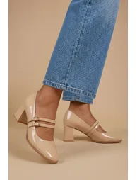 Gemma Faux Patent Leather Medium Block Heel Mary Janes