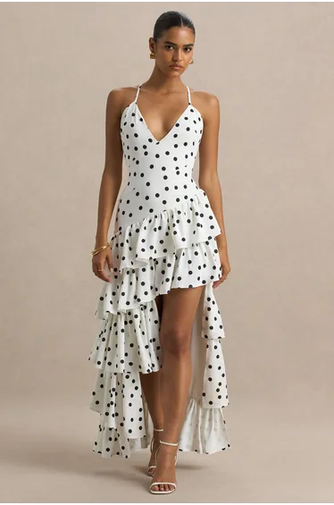 Bogota | Polka Dot Plunge-Neck Maxi Dress With Ruffling Details And Front High Split