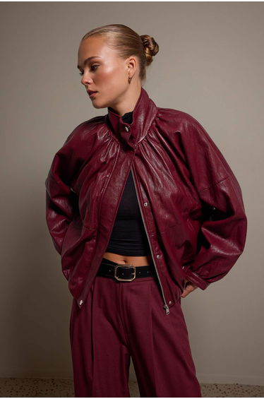Burgundy Oversize Soft Faux Leather Coat product thumbnail 2