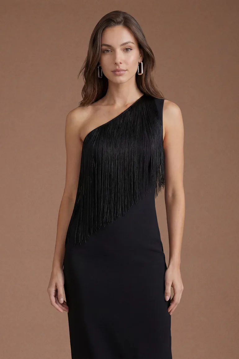 One Shoulder Fringe Maxi Dress - 1