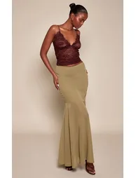 Dark Olive Chiffon Fishtail Maxi Skirt