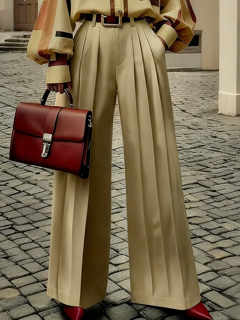 High Waisted Wide Leg No Belt Pleated Pockets Solid Color Pants Trousers - 10