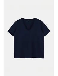 Red-Navy Blue 2'Li Package Basic V-Neck %100 Cotton Knitted Large Size T-Shirt - 4