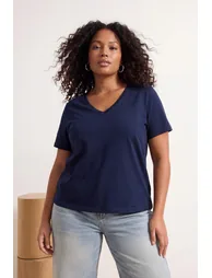 Red-Navy Blue 2'Li Package Basic V-Neck %100 Cotton Knitted Large Size T-Shirt - 7
