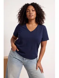 Red-Navy Blue 2'Li Package Basic V-Neck %100 Cotton Knitted Large Size T-Shirt - 8