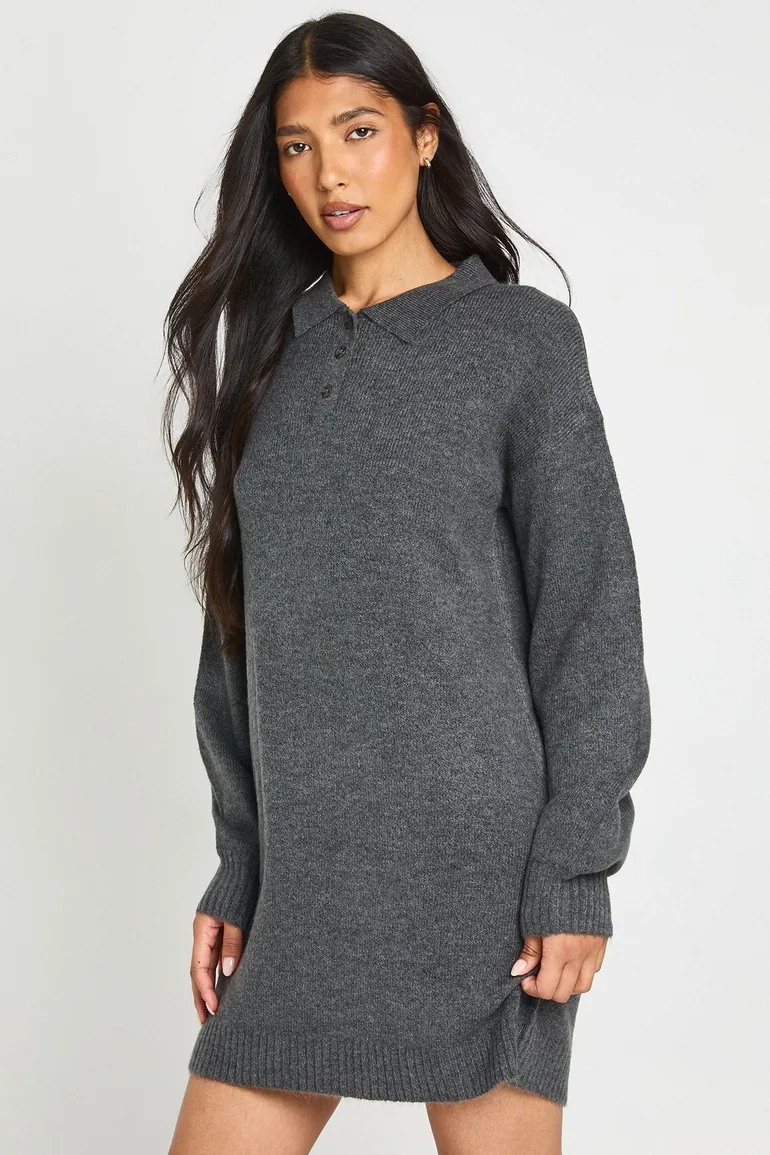 Tall Collared Button Down Oversized Knitted Jumper Dress - charcoal - 1