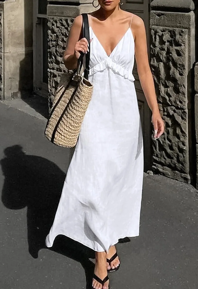 Deep V-Neck Ruffle Cotton Cami Maxi Dress - 3