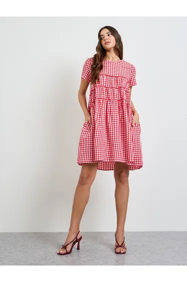 Red Gingham Check Pocketed Mini Dress