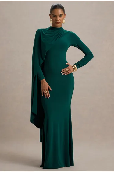 Always | Bottle Green High-Neck Maxi Dress With Cape Sleeve Detail