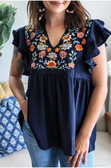 Lvness V Neck Ruffled Sleeve Floral Embroidered Detail Babydoll Blouse product thumbnail 3