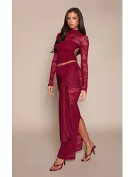 Wine Lace Slinky Drape Maxi Skirt - 1