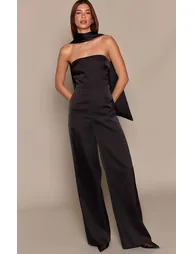 Black Satin Bandeau Scarf Detail Jumpsuit - 2