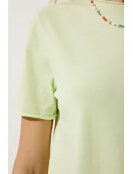 Women's Light Green Crew Neck Basic Knitted T-Shirt - 4