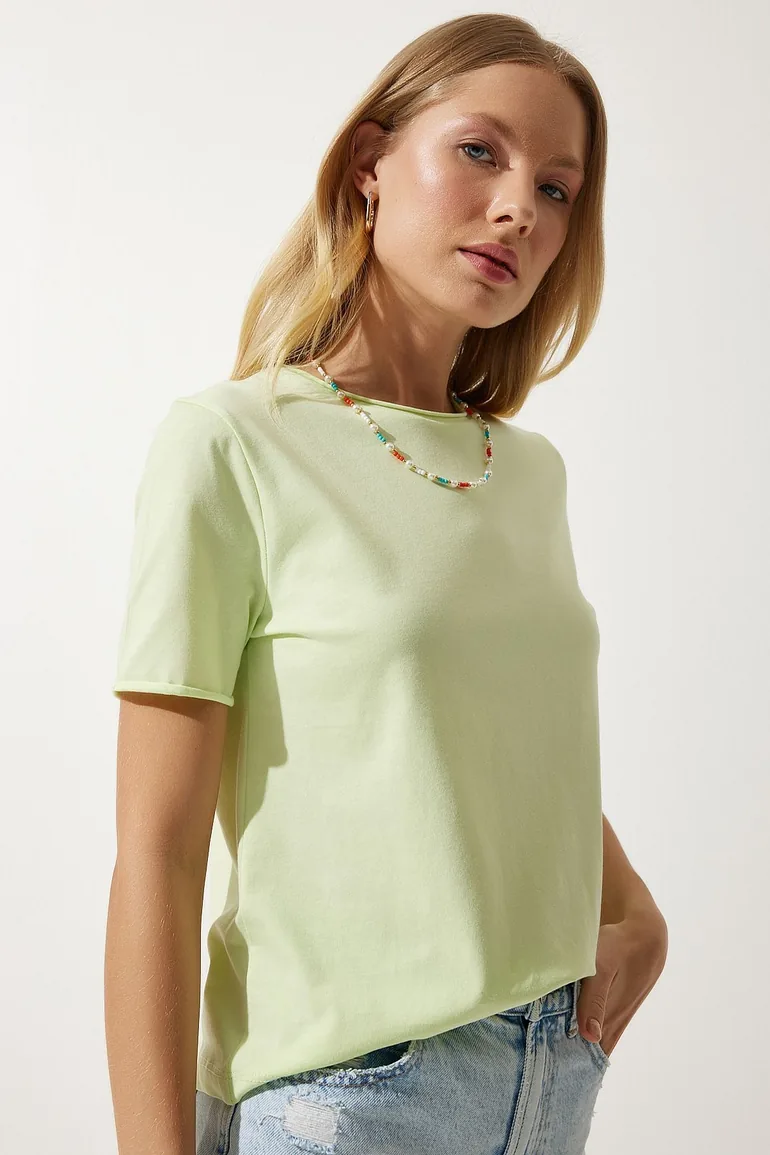 Women's Light Green Crew Neck Basic Knitted T-Shirt - 2