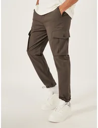 Men Brown Solid Cargo Pants with Drawstring Hem - 1