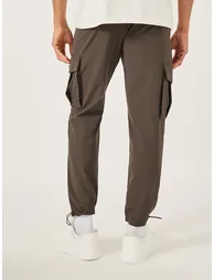Men Brown Solid Cargo Pants with Drawstring Hem - 4