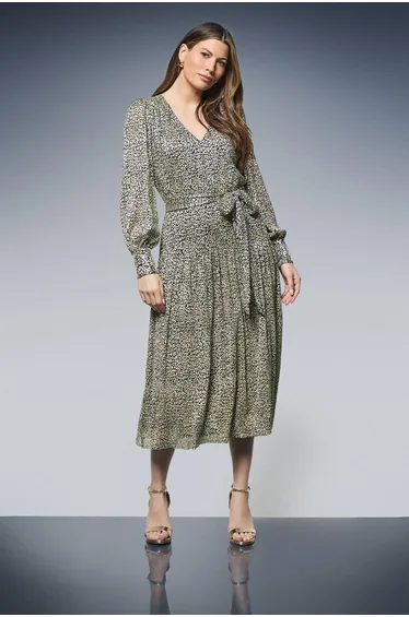 Animal Metallic Tie Waist Midi Dress