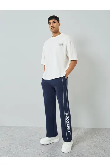 Men Navy Blue Oversized Side Panel Print Joggers