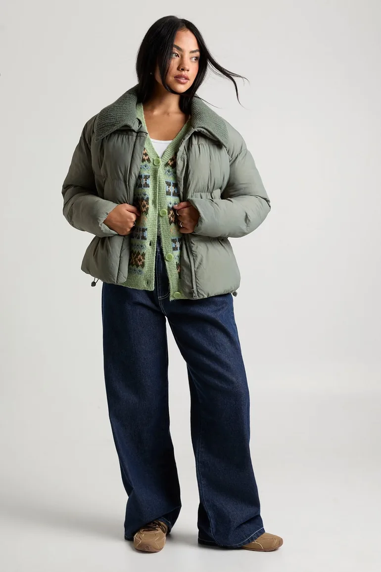 Contrast Rib Collar Puffer Jacket