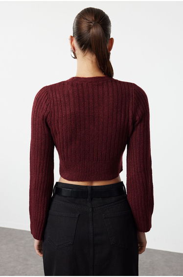 Claret Red Crop Soft Textured Double Breasted Knitwear Sweater product thumbnail 2