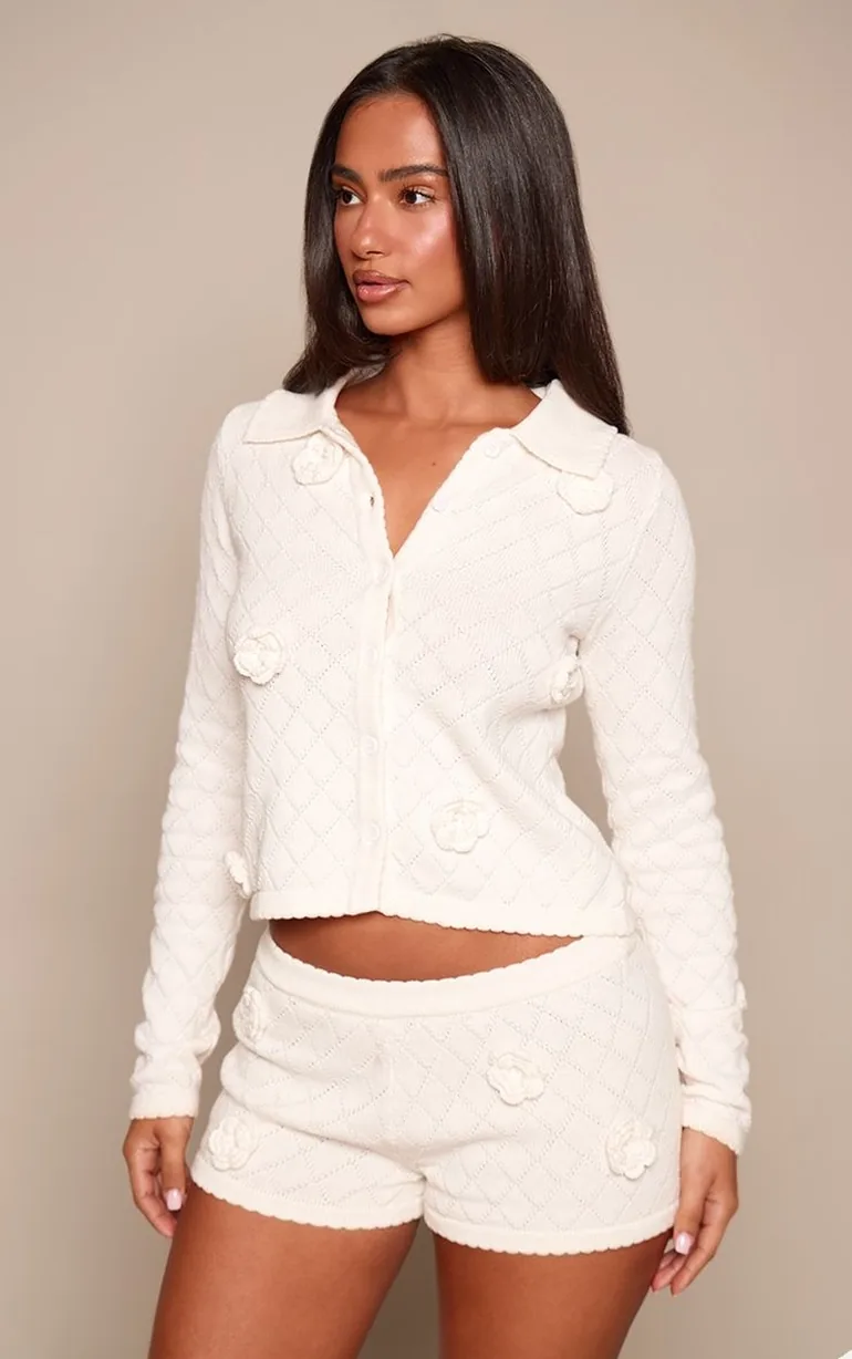 Petite Cream Floral Applique Knitted Mini Shorts - 3