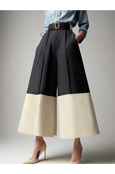 High Waisted Loose Contrast Color No Belt Pleated Pockets Pants Trousers