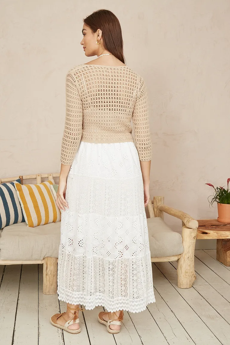 Yumi Beige Cotton Crochet Knitted Top - 6