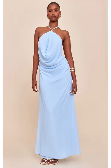 Light Blue Chiffon Halterneck Maxi Dress