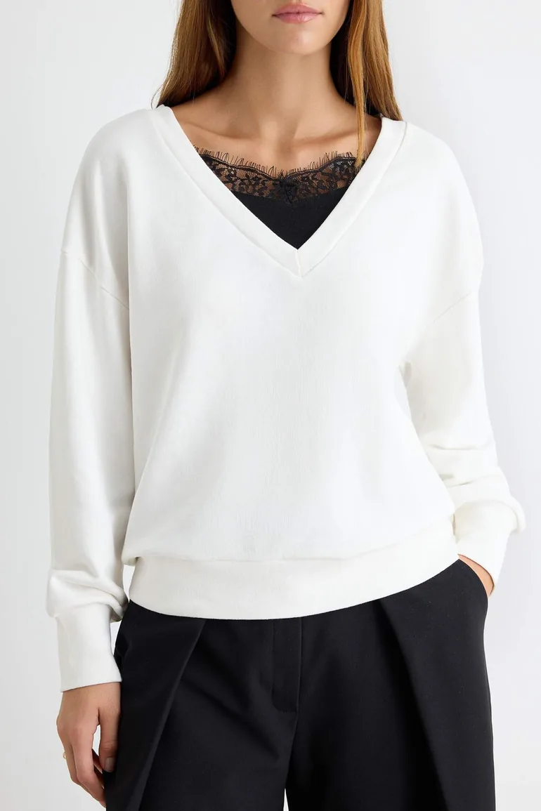 Ecru Thick V-Neck Lace Detailed Low Sleeve Oversize/Wide Cut Knitted Sweatshirt - 2