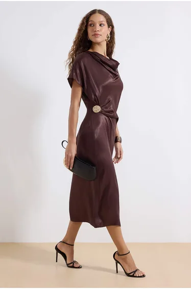 Brown Accessory Detailed Midi Woven Dress