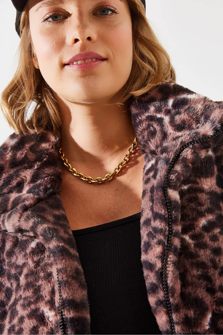 Women's Leopard Pattern Faux Fur Coat - 1