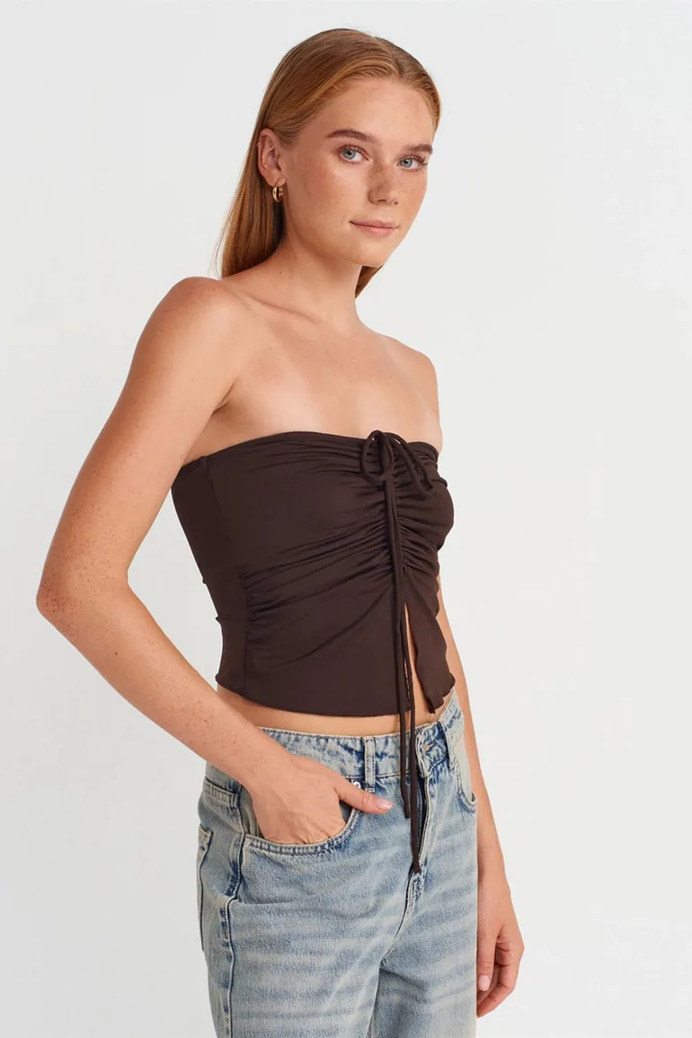DILVIN Women’s Strapless Crop Blouse With Tie Detail - 1