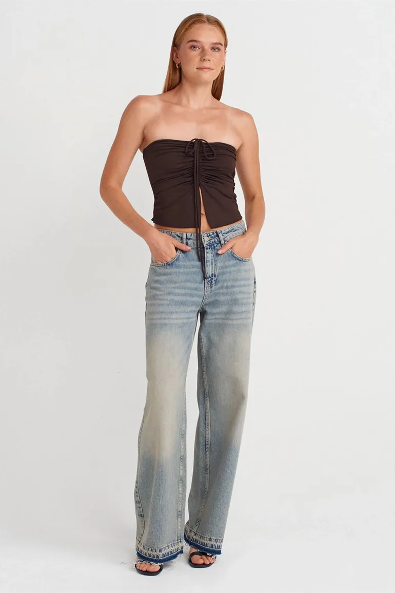 DILVIN Women’s Strapless Crop Blouse With Tie Detail