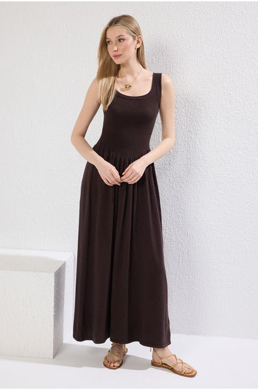 Brown Premium Yarn/Special Yarn Crew Neck Strappy Knit Dress