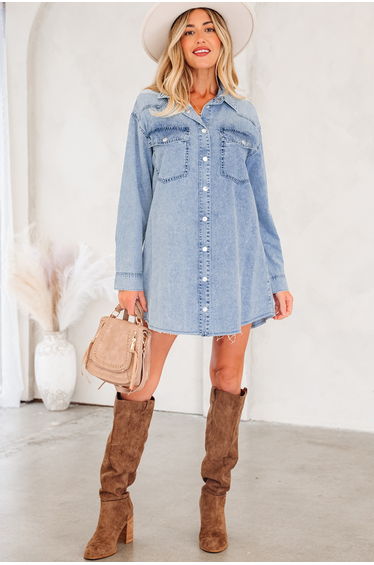 Lvness Beau Blue Chest Pocket Raw Hem Denim Loose Shirt Dress