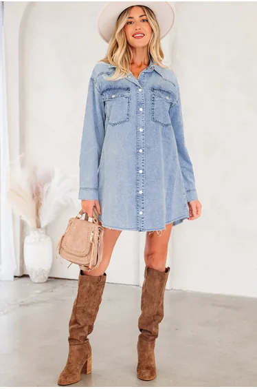 Lvness Beau Blue Chest Pocket Raw Hem Denim Loose Shirt Dress