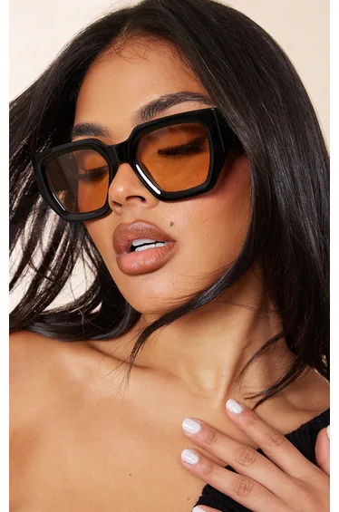 Black Chunky Brown Lens Square Frame Sunglasses