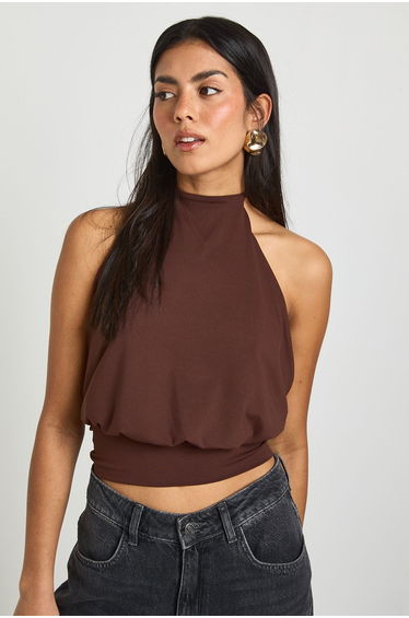 Sculpting Matte Slinky Cinched Waist Halterneck Top - chocolate