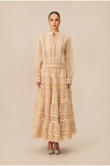 Bohemian Grace Beige Lace Embroidered Top & Skirt Set